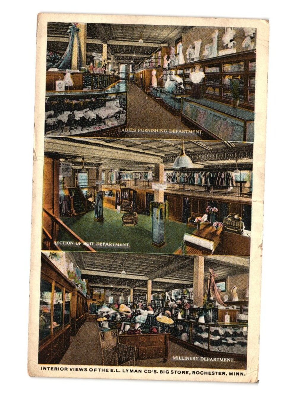 E L Lyman Co Big Store Postcard Ladies Furnishings Millinery Rochester MN 1907